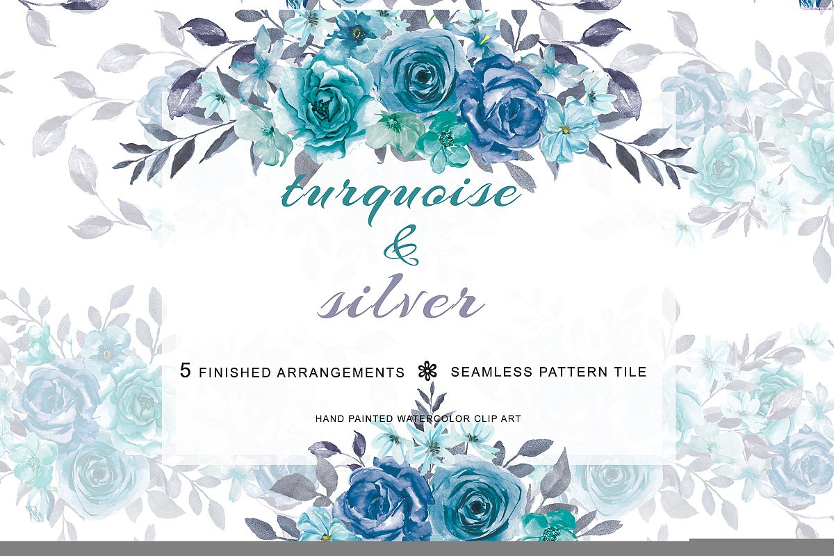 1200x800 Hand Painted Watercolor Turquoise Flowers And Silver Leaves