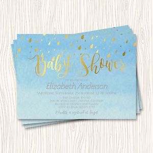 300x300 Faux Gold Silver Blue Seafoam Watercolor Baby Shower Invitation