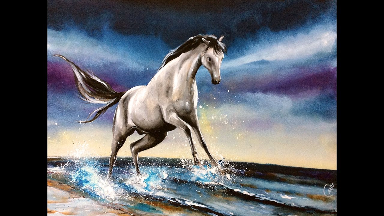 1280x720 Watercolor White Horse Painting Video Demonstration