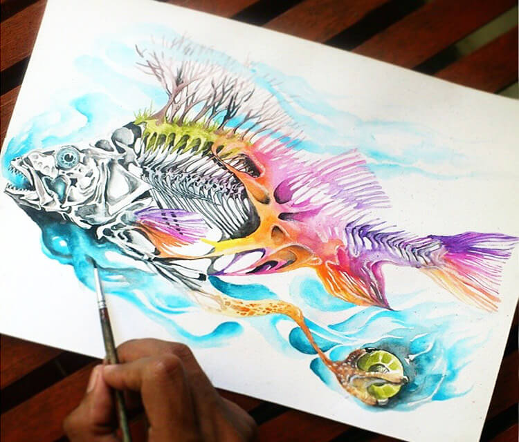 750x640 Piranha Skeleton Watercolor By Art Jongkie No. 879