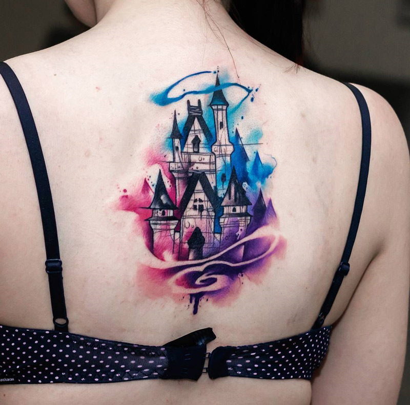 800x791 Disney Castle Sketch Amp Watercolor On Girls Back Best Tattoo