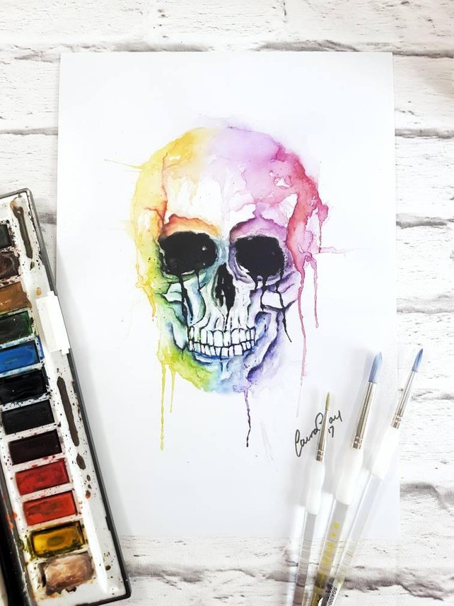 642x856 Watercolour Skull Watercolor Rainbow Original Painting Print Etsy