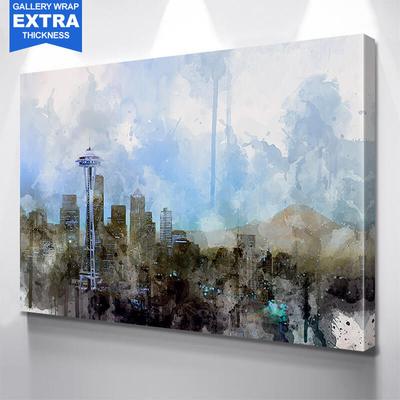 400x400 Black Seattle Skyline Watercolor Painting Wall Art