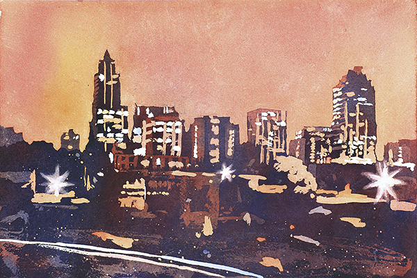600x400 Downtown Raleigh, North Carolina Skyline. Watercolor Painting
