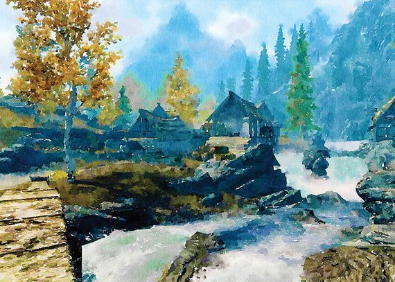 570x407 Watercolor Art Home Decor Skyrim Game Art Poster Video Etsy