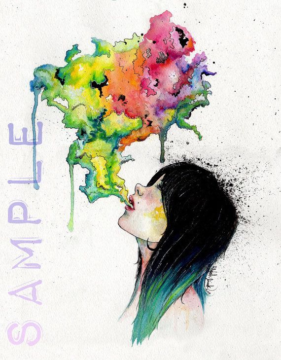 570x730 Print Watercolor Girl Blowing Colorful Smoke, Vapor