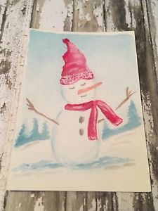 225x300 Aceo Original Watercolor Painting. Miniature Snowman Winter Snow