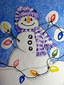 225x300 Watercolor Painting Winter Snow Snowman Christmas Lights