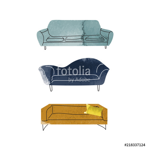 495x500 Watercolor Sofa Illustration. Vector Interior Design Hand Drawn
