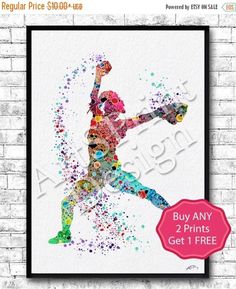 236x289 Special Offer Set Of 3 Baseball Softball Watercolor Prints