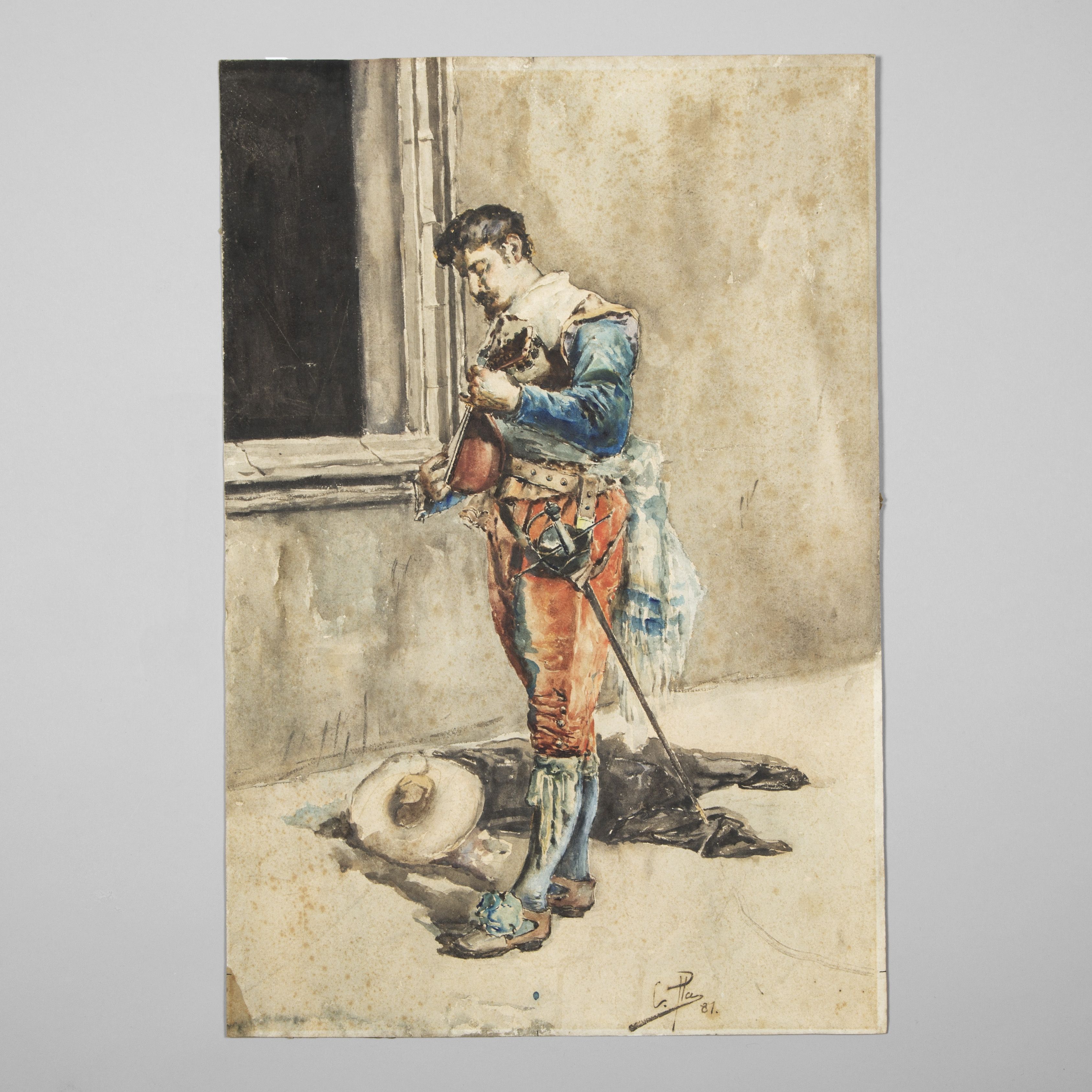 3372x3372 Late 19th Century School. Soldier Playing The Mandolin, Watercolor