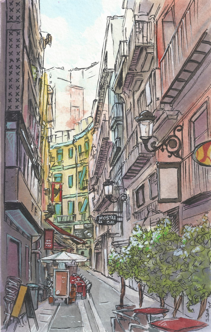 713x1121 Street In Valencia, Spain Watercolor... By Ssava