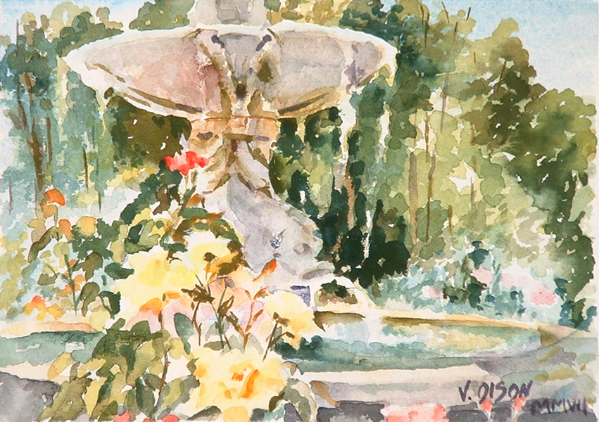 851x600 Watercolor Of Fountains In The Retiro Rose Garden In Madrid, Spain