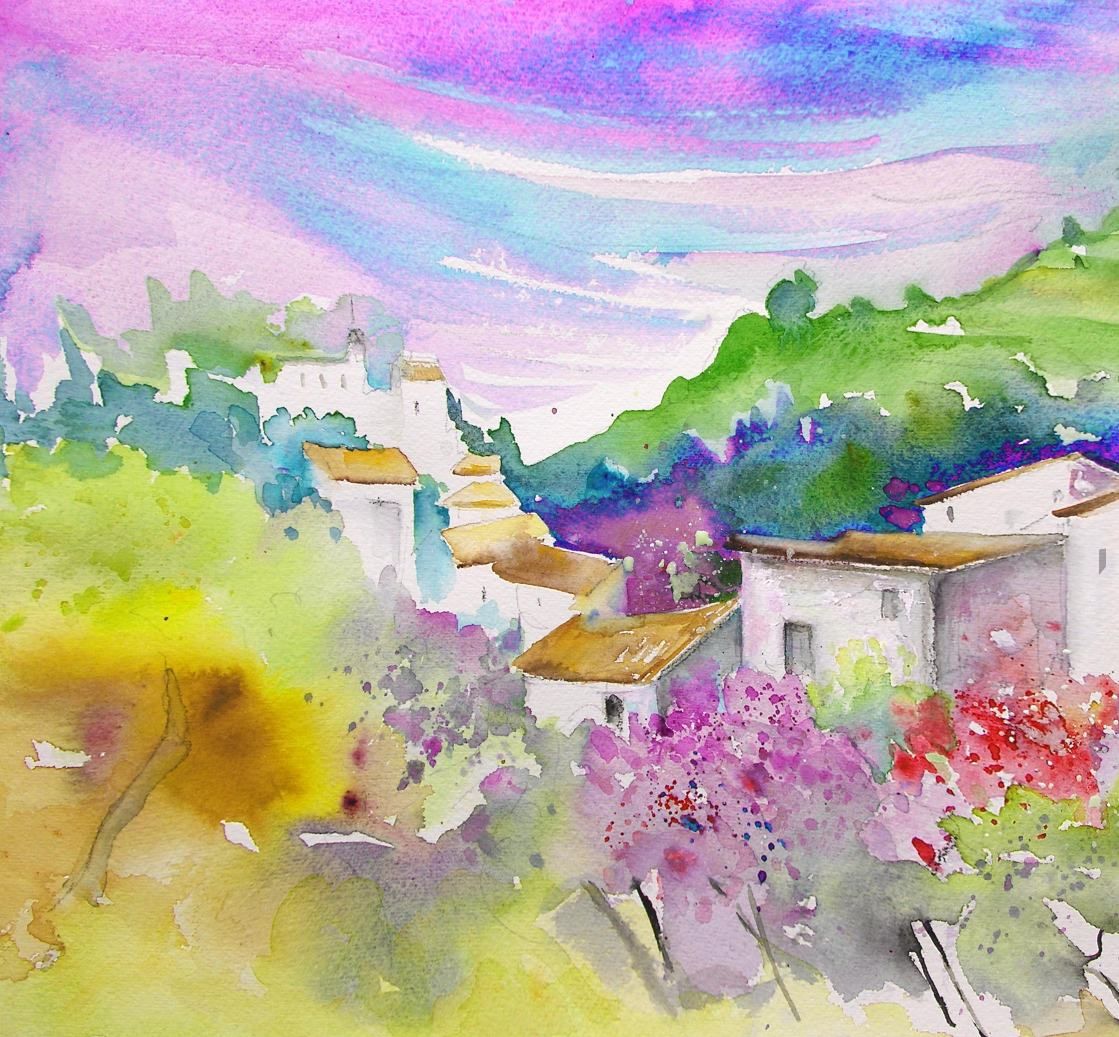 1119x1037 Watercolour Sketch Of Gatova, Sierra Calderona, Spain. Miki Art