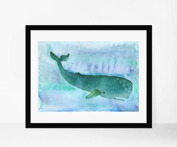 570x475 Baby Sperm Whale 5x7 Watercolor Whale Original Watercolor Etsy