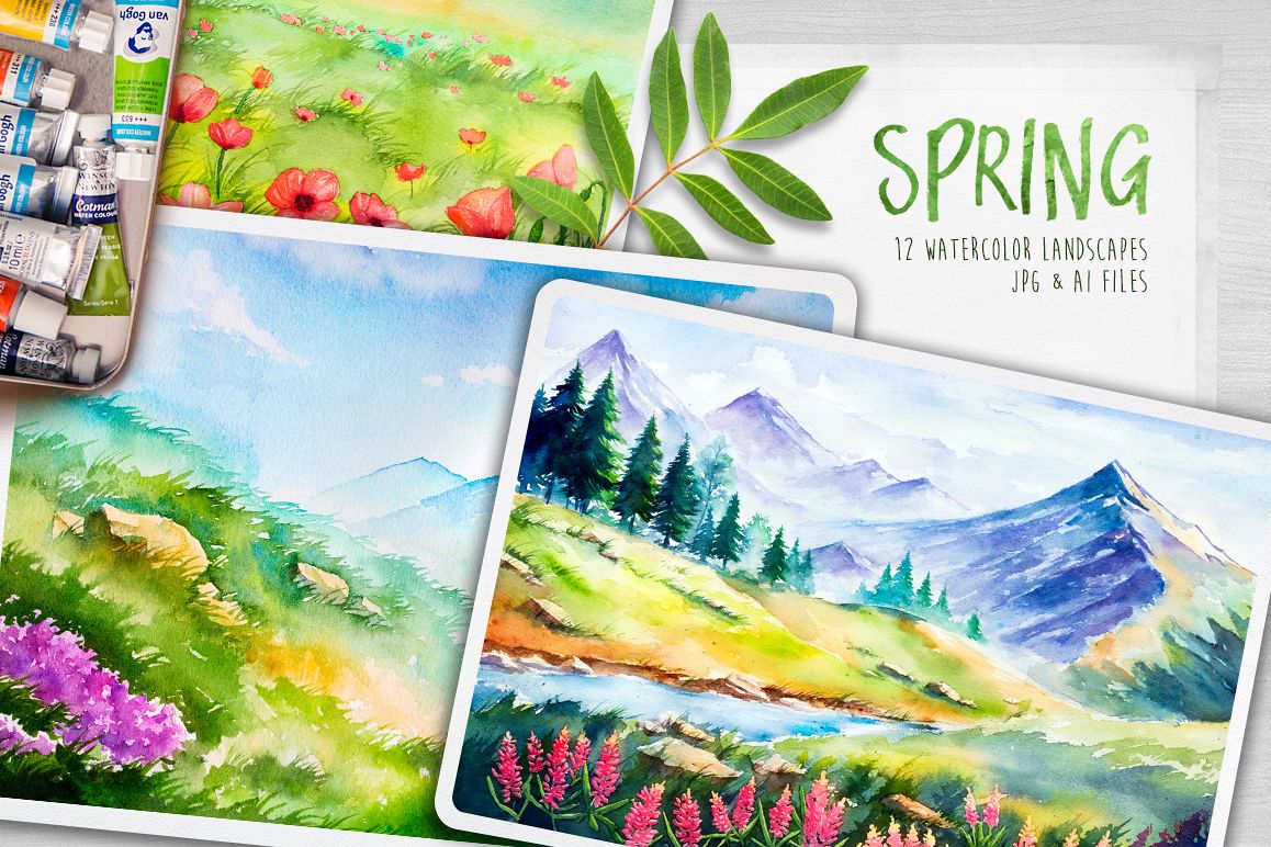 1158x772 Spring Landscapes. Watercolor.