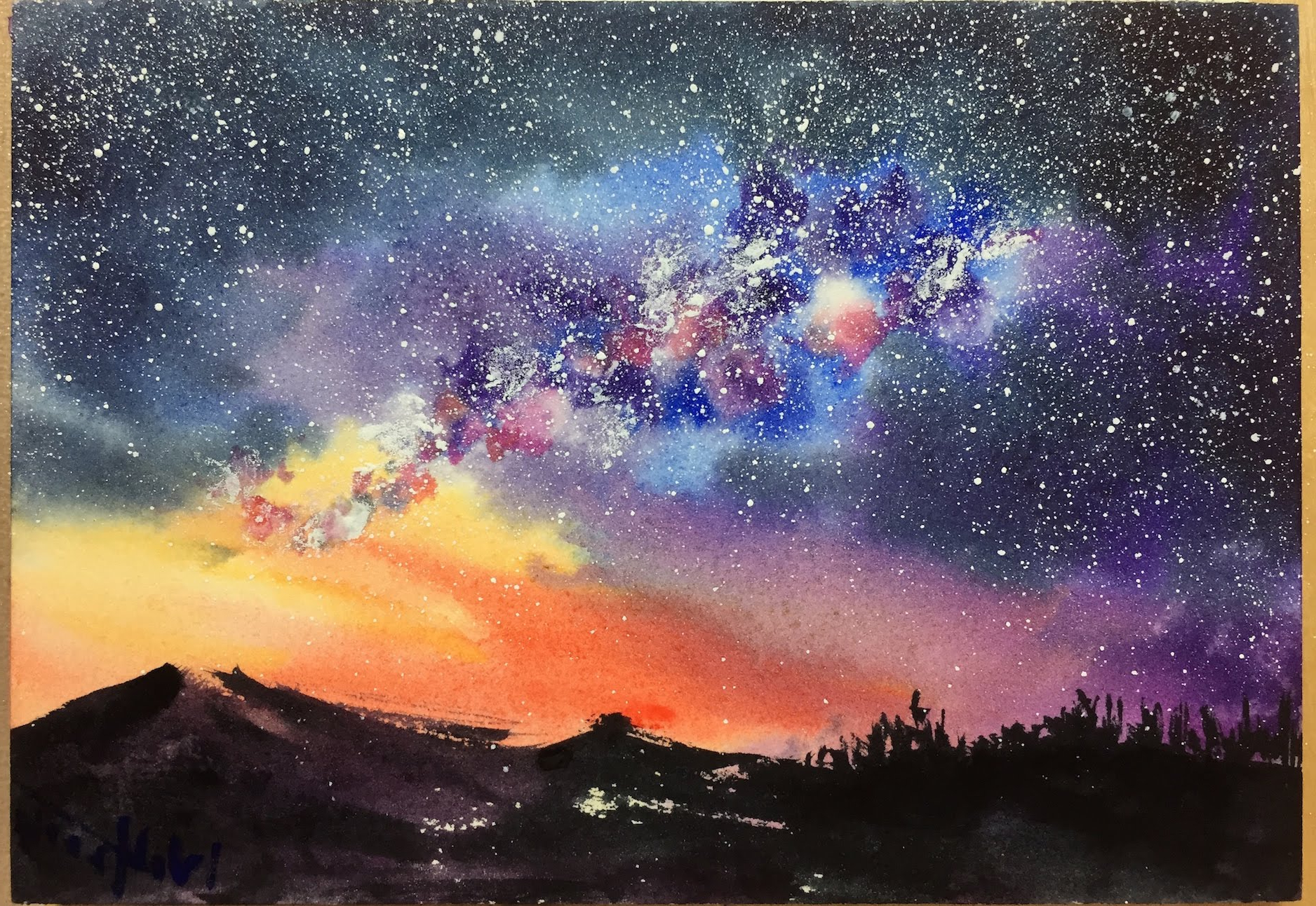 Художник рисует звездное небо подчеркни в предложении. Ночное небо акварелью. Ночной пейзаж акварелью. Звездное небо акварель. Космос акварелью.