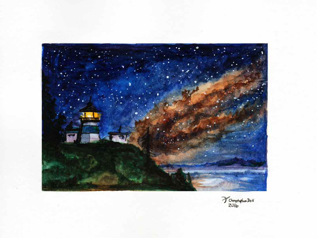 1100x827 Cape Disappointment With Starry Sky Original Watercolor Space
