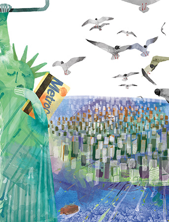 343x451 Statue Of Liberty With Metro Card Seagulls Over Manhattan