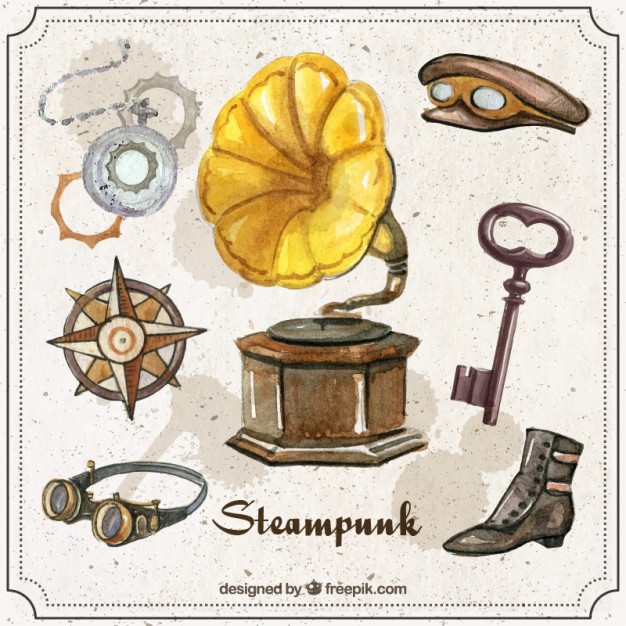 626x626 Watercolor Record Player With Steampunk Accessories Vector Free