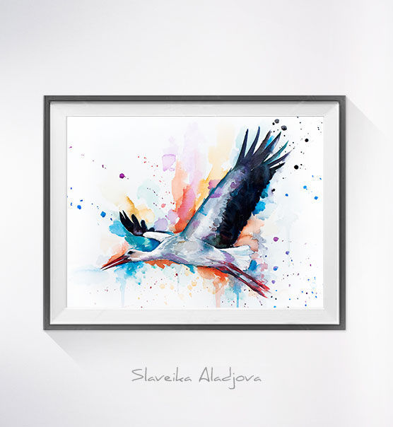 556x604 Stork Watercolor Painting Print