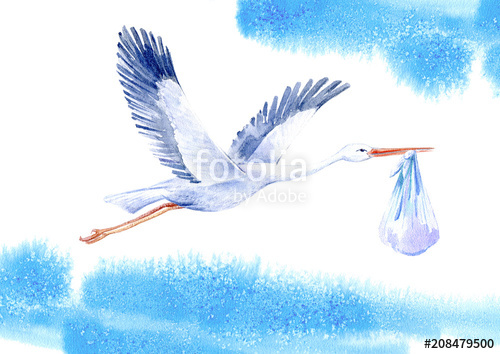 500x354 Stork With Baby Boy And Sky.newborn Picture. Watercolor Hand Drawn