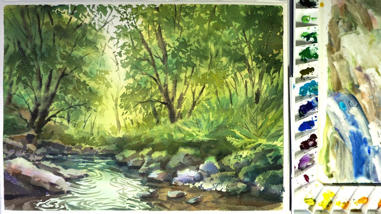 1280x720 Watercolor Landscape Painting The Forest Stream 02
