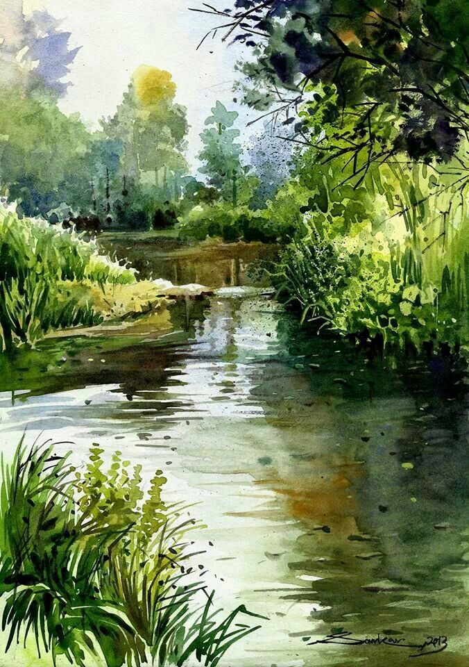 676x960 Watercolor Landscape Forest Stream River Water Love Watercolors