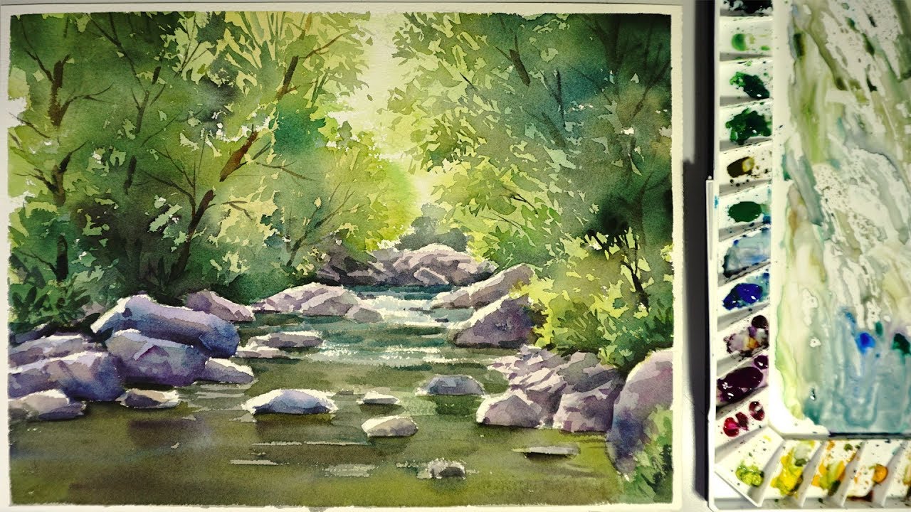 1280x720 Watercolor Landscape Painting The Water Stream