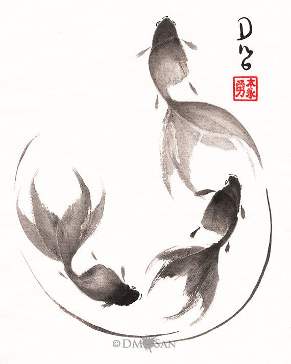 570x713 Goldish Sumi E Watercolor Painting
