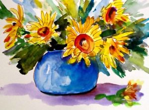 300x221 Sunflower Still Life Watercolor Painting 9x12 Vase Delilah Art Ebay