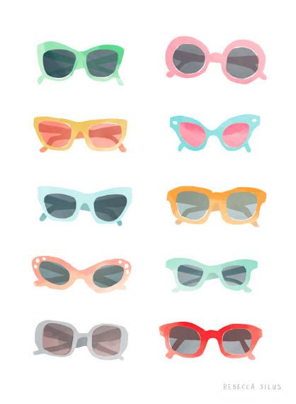 418x570 Wall Art Print, Vintage Summer Sunglasses Watercolor Illustration