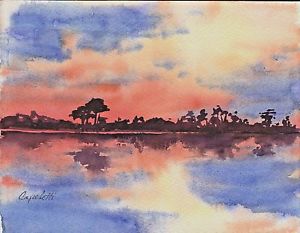 300x233 Everglades Evening Sky Sunrise Sunset Framed Watercolor Painting