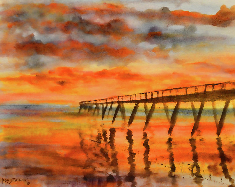 900x715 Pier Sunrise Watercolor Painting By Ken Figurski