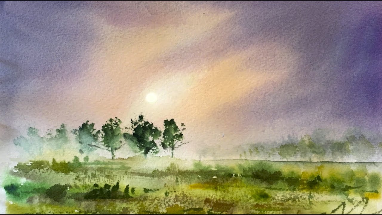 1280x720 Simple Watercolor Misty Sunrise Demonstration