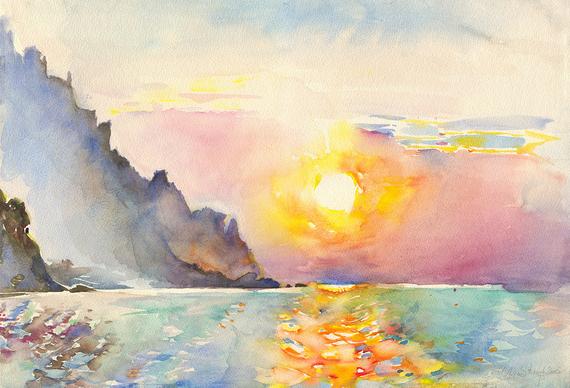 570x388 Sunrise Over The Sea Ocean Sun Print Of Watercolor Painting Etsy