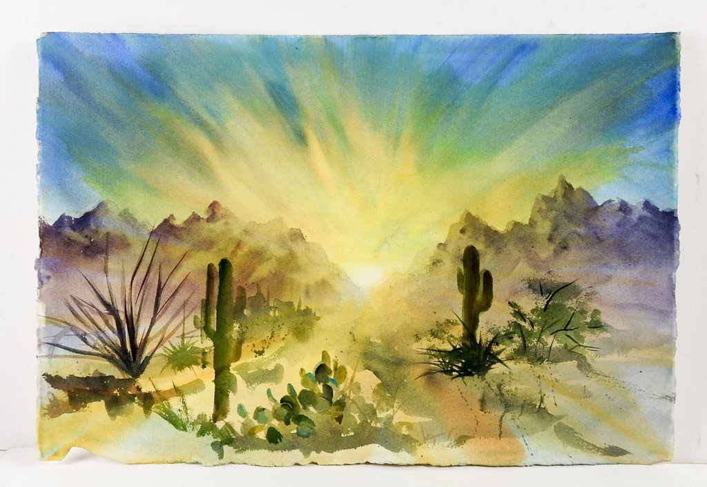 1024x706 Desert Sunrise Watercolor Painting Artifax Antiques Amp Design