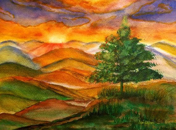 570x423 Sunrise Watercolor Painting Landscape Watercolor Painting Etsy