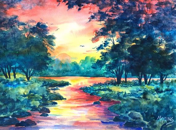 570x423 Sunrise Watercolor Sunset Painting Watercolor Stream Green Etsy