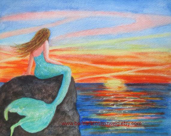 570x452 Mermaid Print Mermaid Wall Art Sunset Painting Beach Decor Etsy