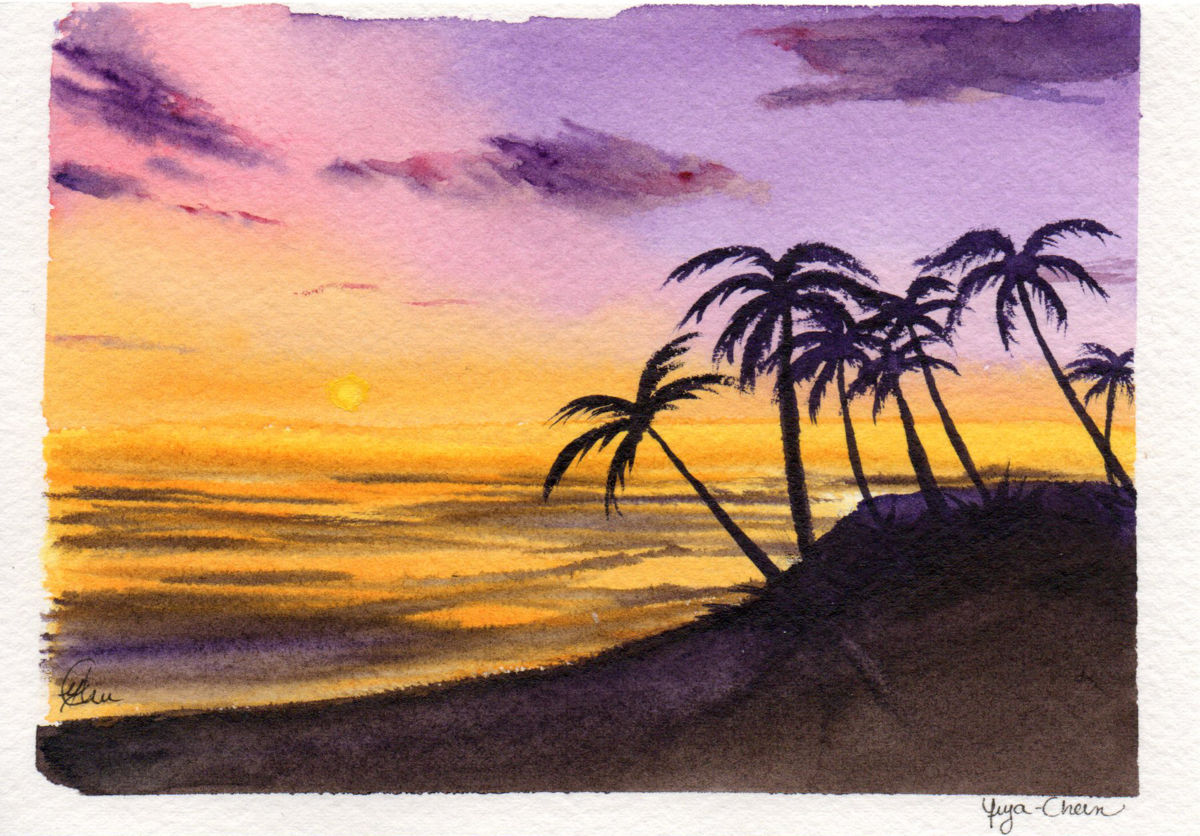 1200x836 Palm Trees In Sunset Light (Watercolor Postcard) (Sonia Minous)