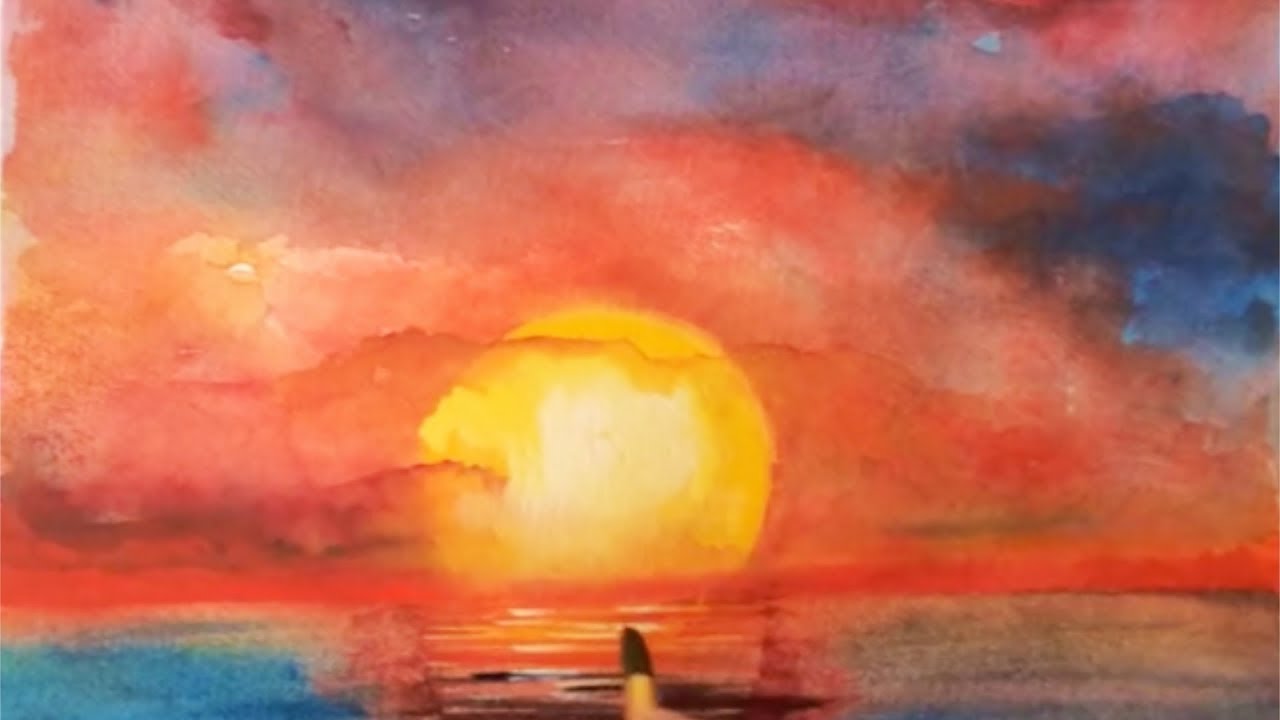 1280x720 Ocean Sunset Watercolor Tutorial, How To Paint Step By Step, Easy