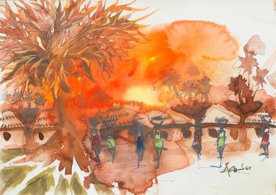 400x283 Original Signed Watercolor Painting Of An African Village