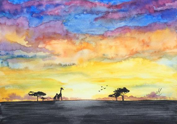 570x399 Savannah Sunset Watercolor Original Watercolour Painting Wild Etsy
