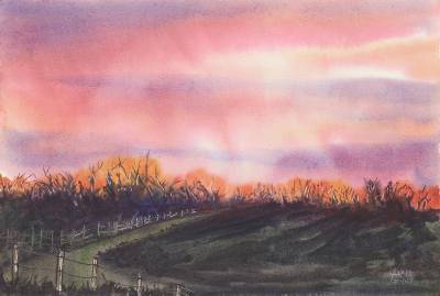 400x269 Evocative Watercolor Painting Of Sunset Landscape