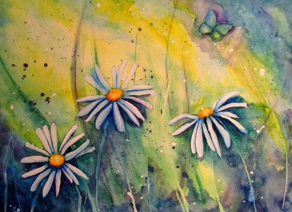 570x413 Sunshine Watercolor Painting Of Daisies Etsy