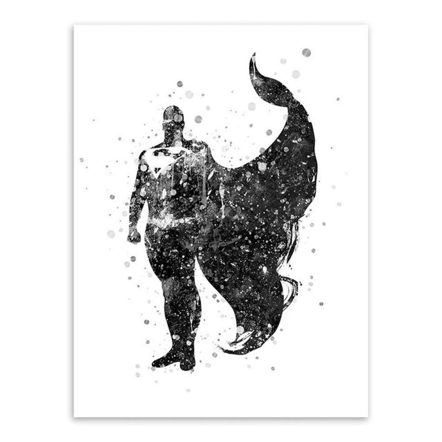 900x900 Watercolor Superhero Black White Wall Art Canvas Prints Painting