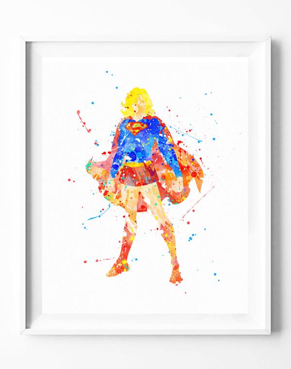 600x761 Supergirl Poster Art Print Superhero Superman Watercolor Painting