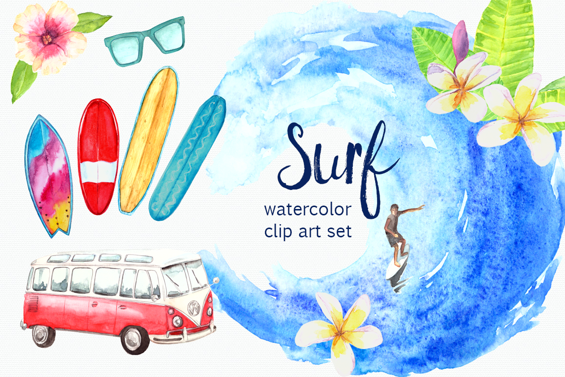 1158x772 Watercolor Surf Clip Art Set