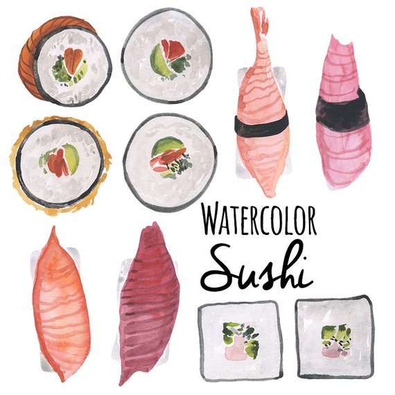 570x570 Watercolor Sushi Clip Art Illustrations Sushi Sashimi Nigiri Etsy